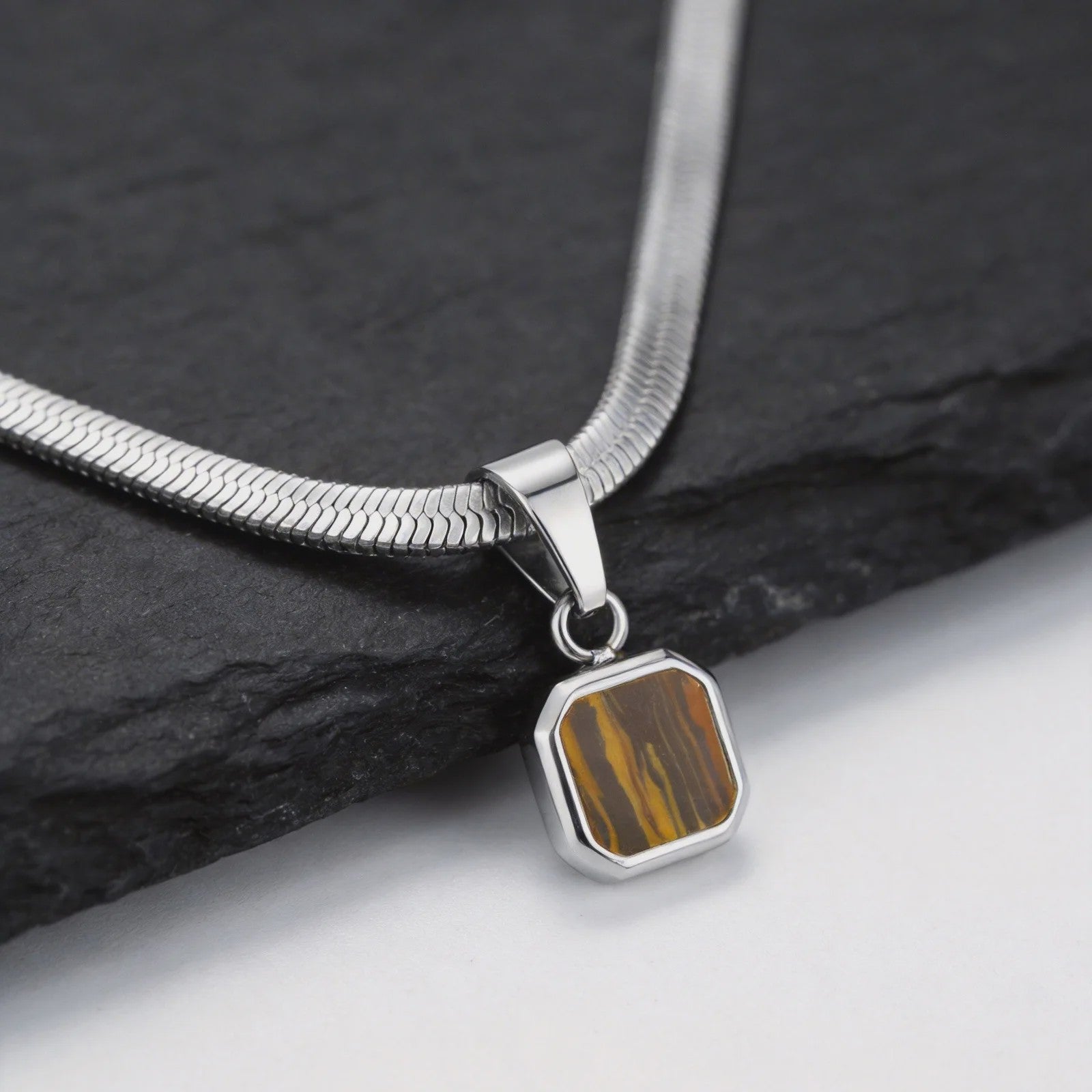 Vnox Heren Ketting met Geometrische Vierkante Natuursteen Hanger - Goud/Zilver Kleur Roestvrij Staal Blade Ketting