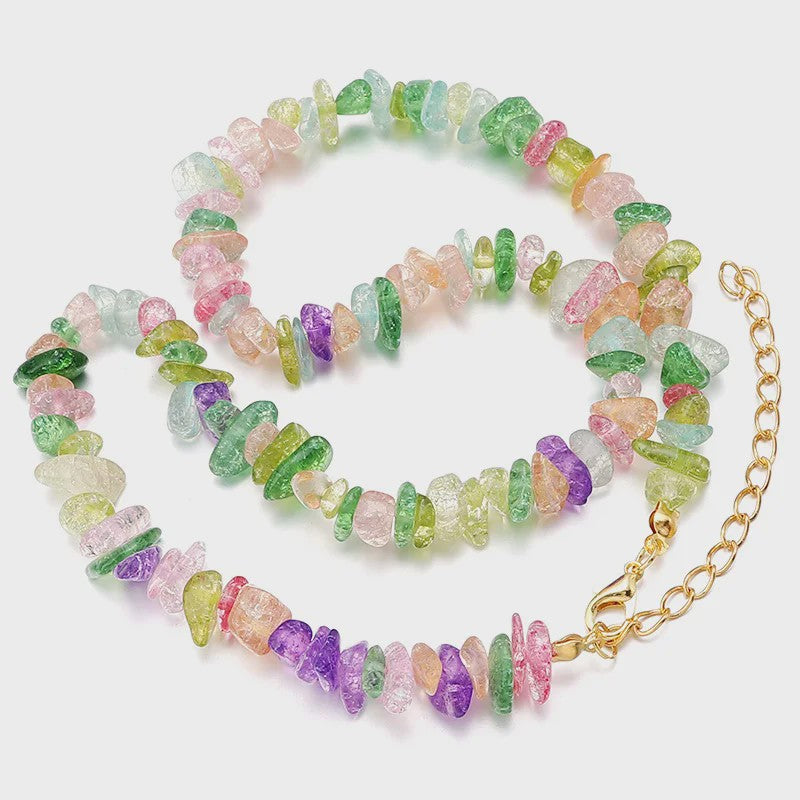 Unieke Natuursteen Choker Ketting - Onregelmatige Kristal & Aquamarijn Chips