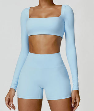 Dames Yoga Set 2-Delig: Sneldrogend Sportpak met Lange Mouwen Top en Hoge Taille Shorts