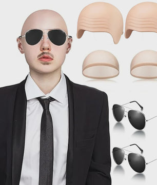 Set van 4 Kale Hoofd Pruikenkapjes & Accessoires voor Cosplay en Feest