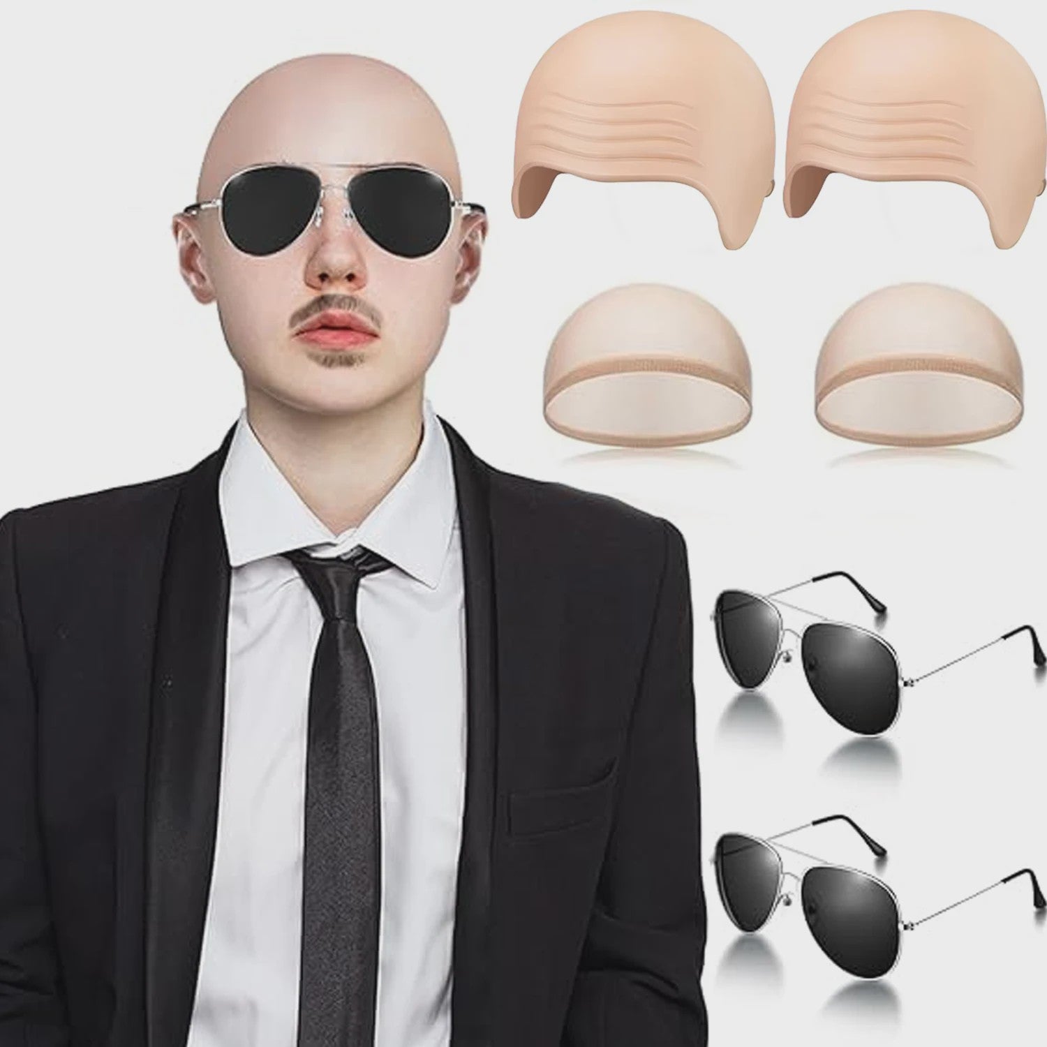 Set van 4 Kale Hoofd Pruikenkapjes & Accessoires voor Cosplay en Feest