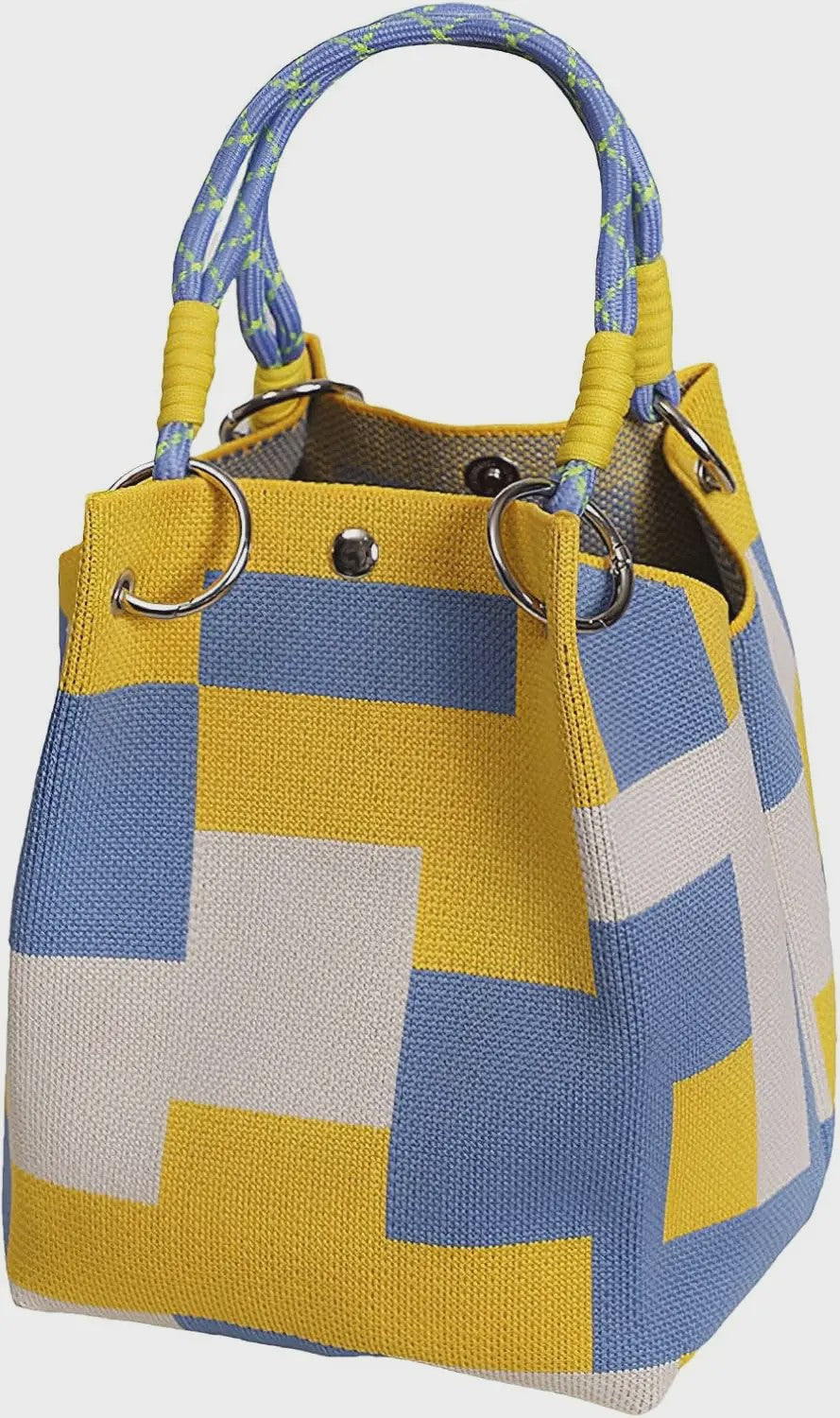Mini Gebreide Bucket Bag Dames - Kleurrijk Colorblock Polstasje met Afneembare Handgreep