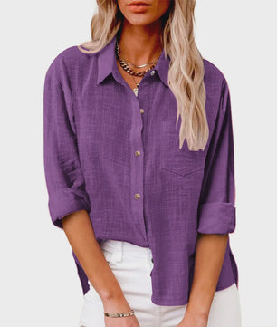 Dames Blouse met Lange Mouwen - Katoen Linnen Look