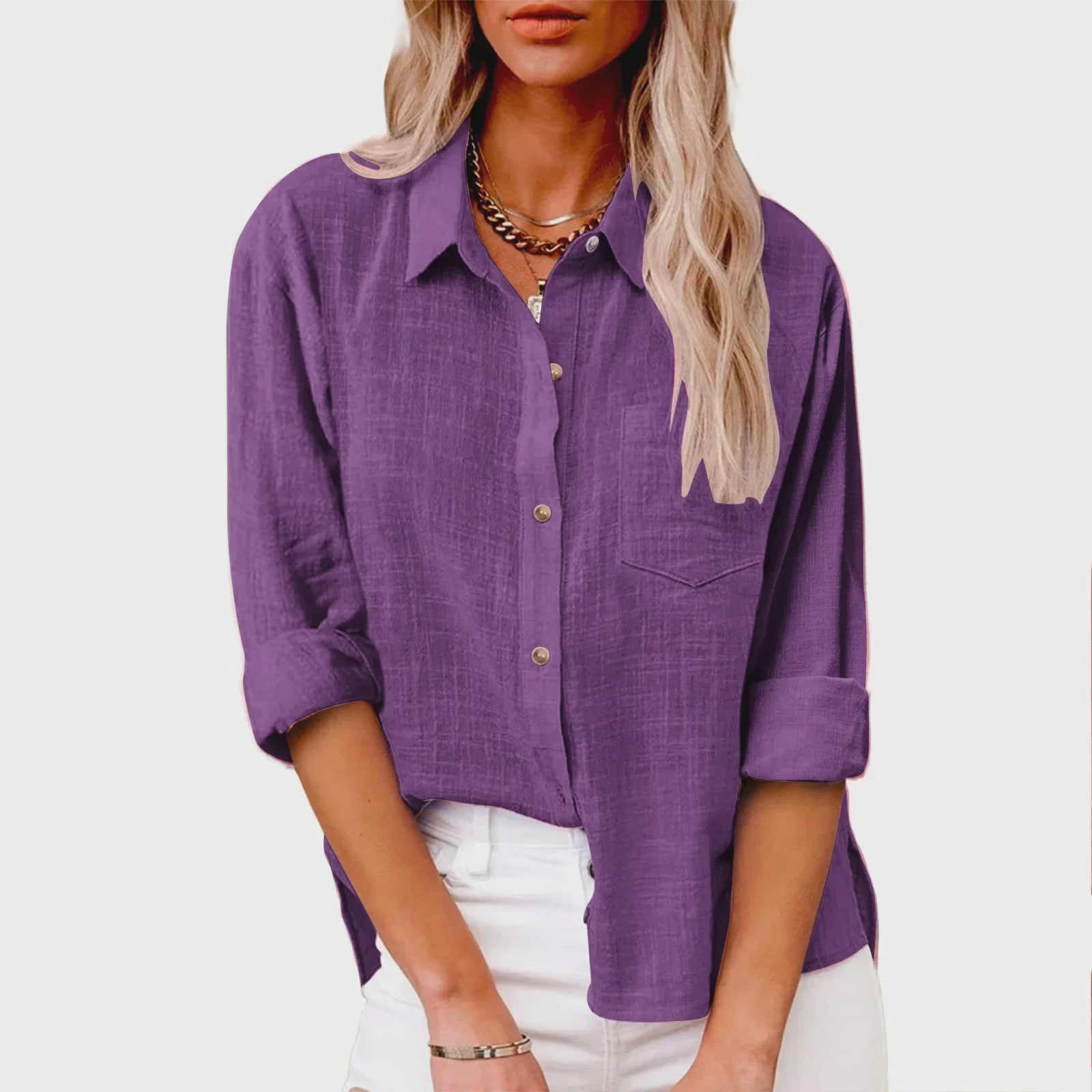 Dames Blouse met Lange Mouwen - Katoen Linnen Look