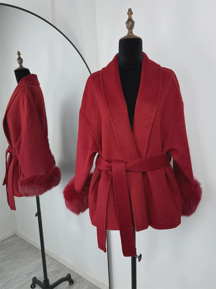 Luxe Dames Woljas met Bontkraag en Riem - Kort & Elegant