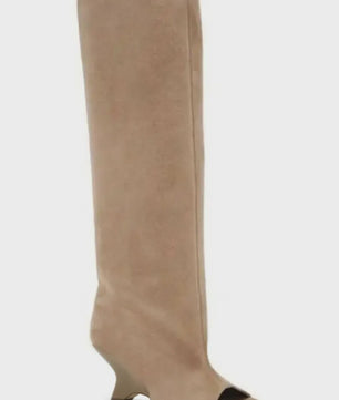 Dames Laarzen met Peep-toe, Hoge Schuine Hak en Kniehoge Schacht - Zomer/Lente Collectie