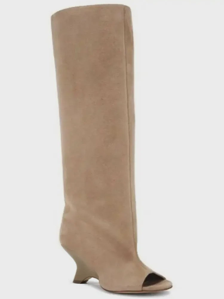 Dames Laarzen met Peep-toe, Hoge Schuine Hak en Kniehoge Schacht - Zomer/Lente Collectie