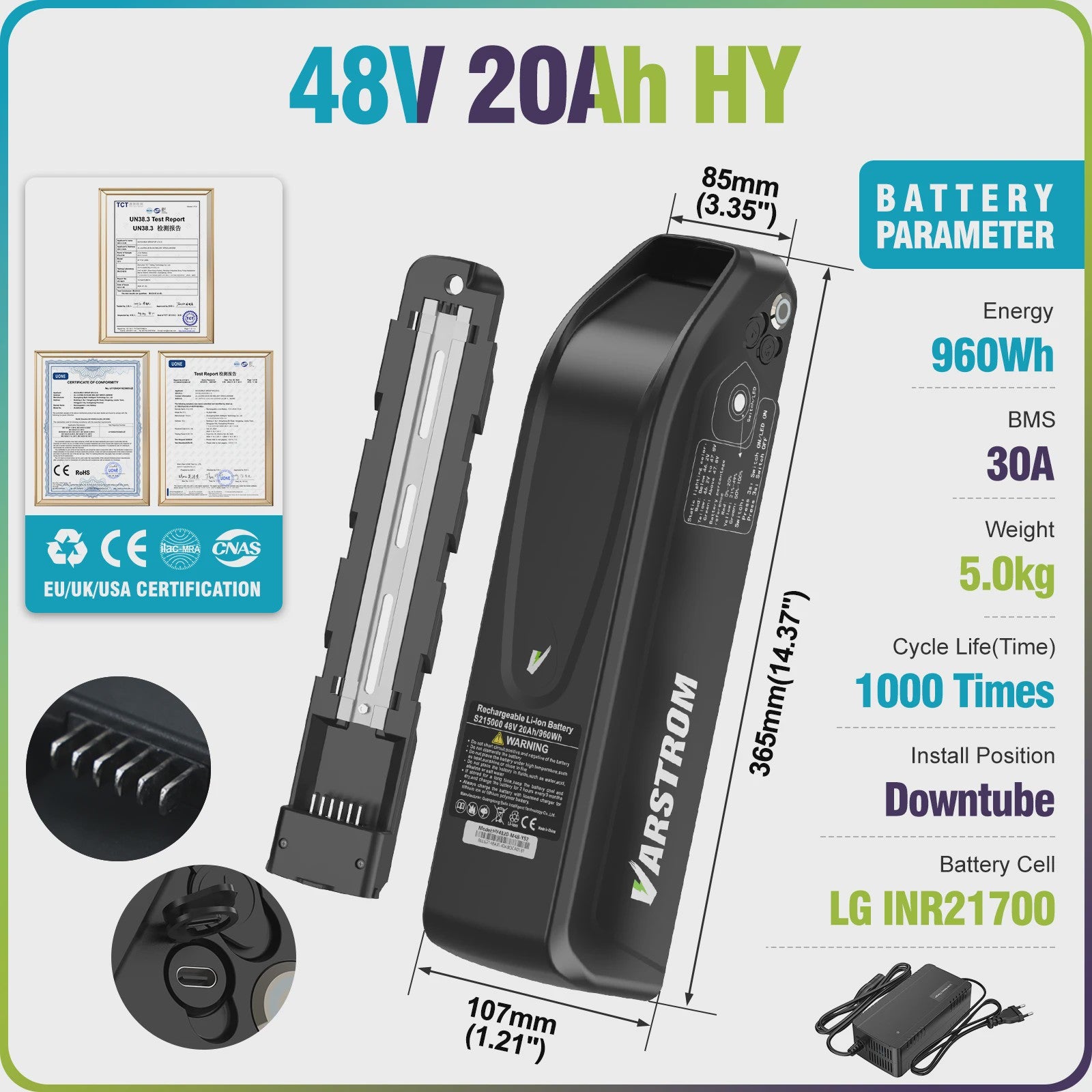 Varstrom E-bike Batterij 36V/48V/52V - Krachtige Lithium Accu met 40A BMS & Lange Levensduur