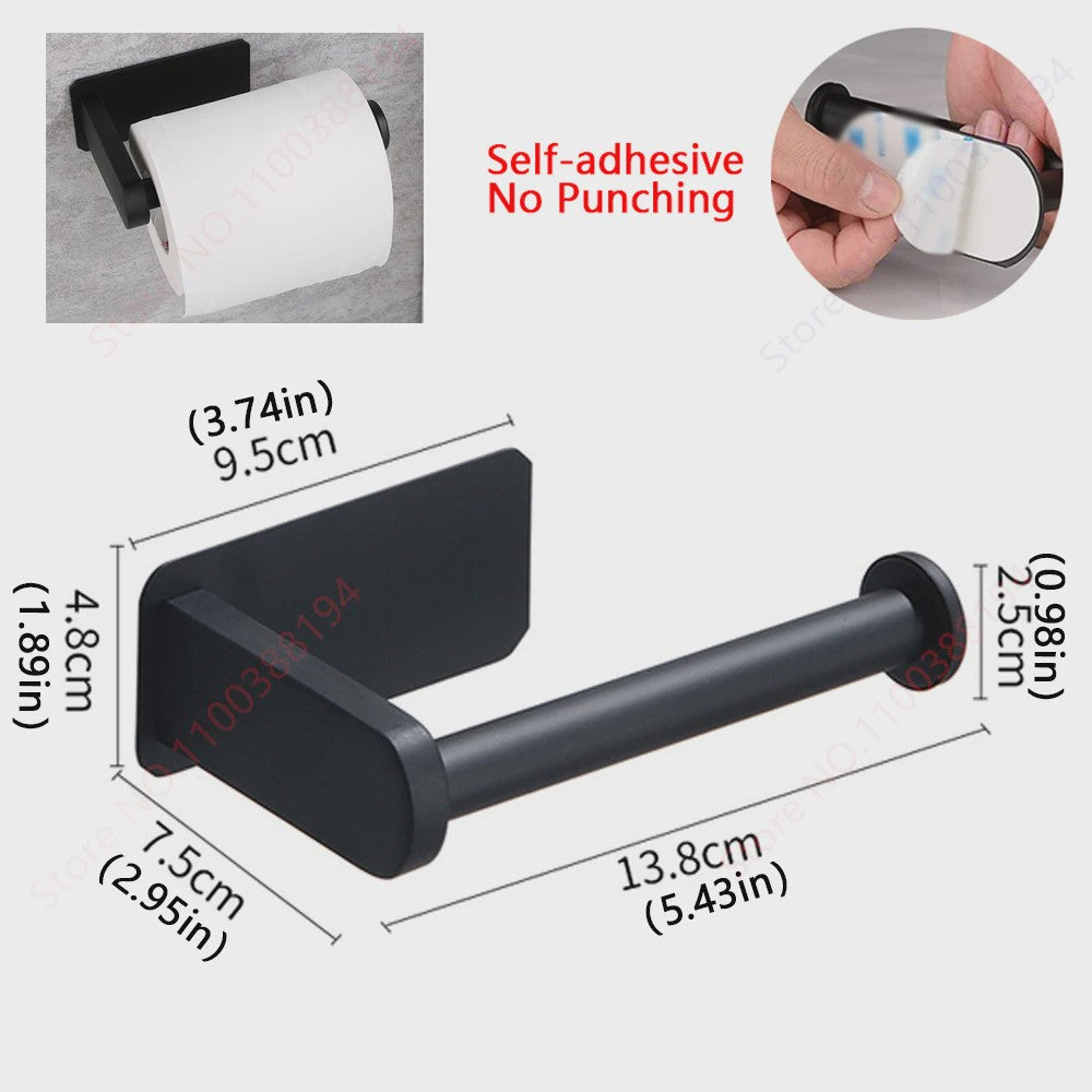 Set Badkamer Accessoires: Handdoekrek, Toiletrolhouder, Haak & Ring - Zwart