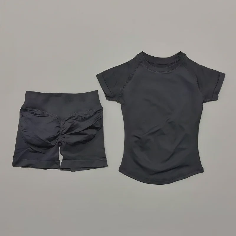 Seamless Sportset Dames: Yoga Top met Korte Mouw & Fitness Shorts