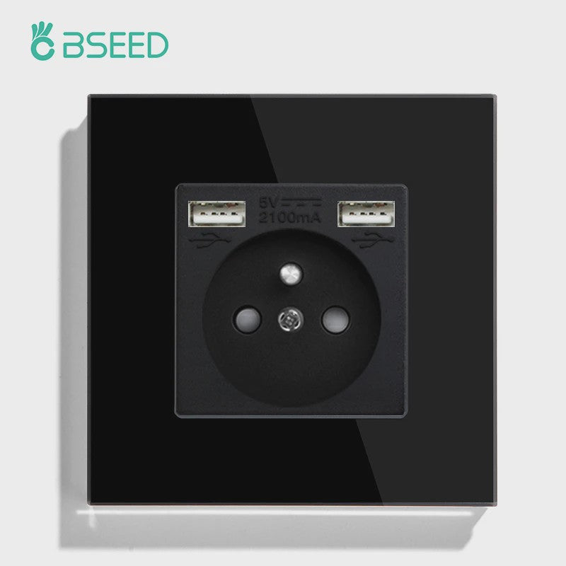 BSEED Wandcontactdoos met Dubbele USB & Type-C Poorten - Stijlvol Glazen Frame