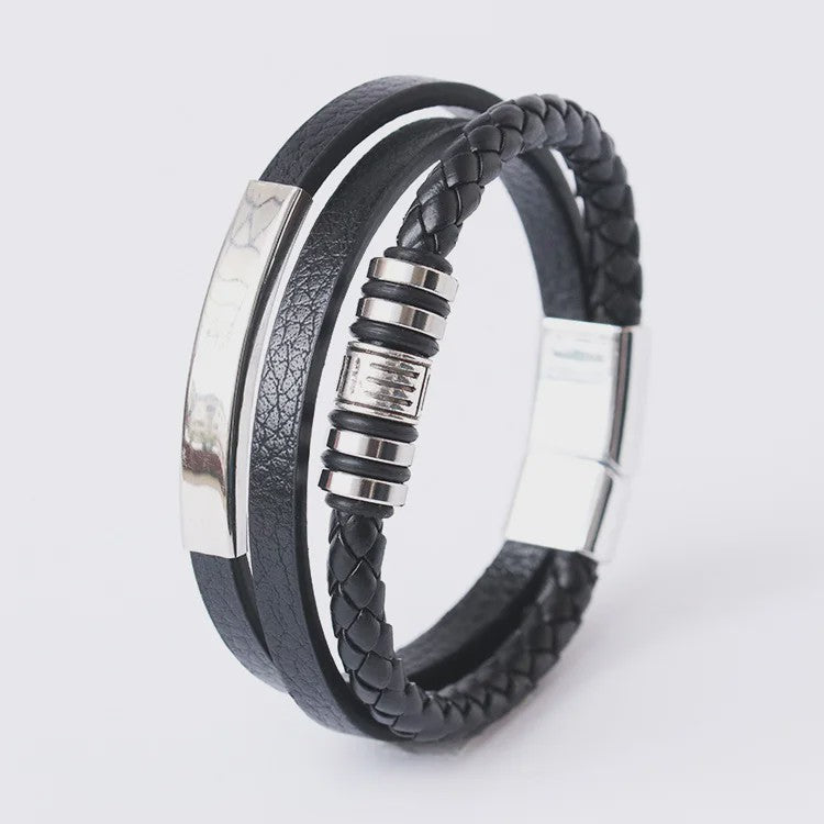 Trendy Heren Leren Armband - RVS & Gevlochten Touw, 21cm