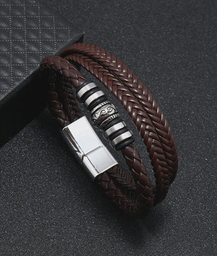 Trendy Heren Leren Armband - RVS & Gevlochten Touw, 21cm