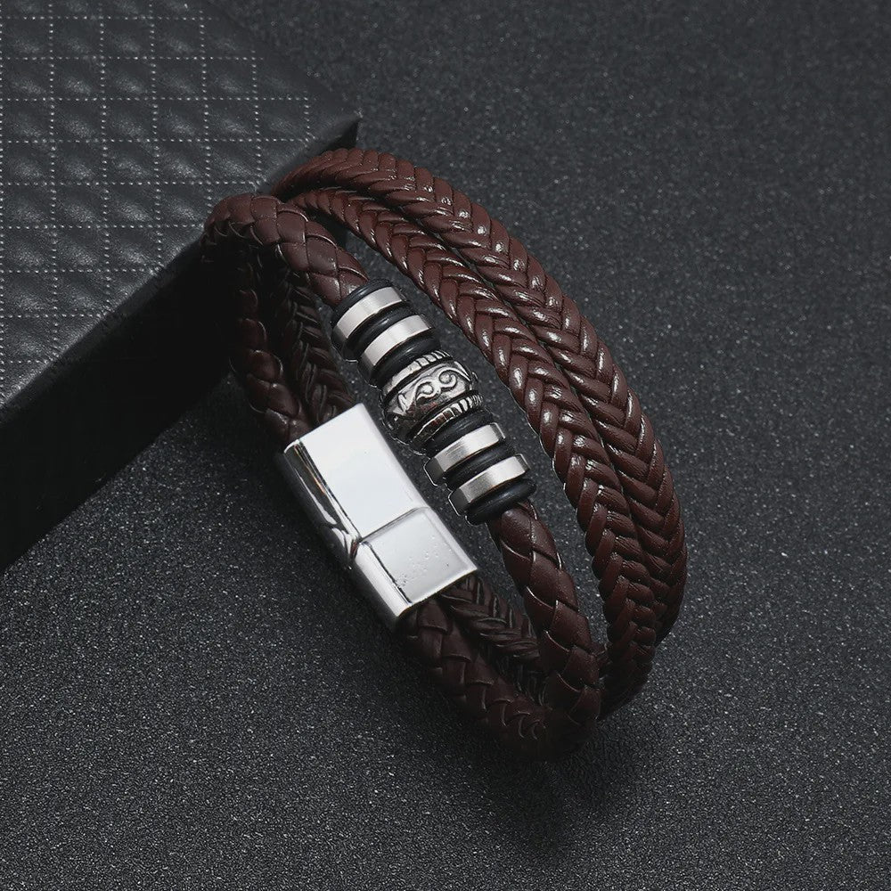 Trendy Heren Leren Armband - RVS & Gevlochten Touw, 21cm