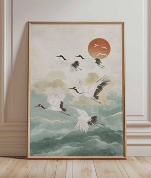 Japanse Kraanvogel Poster - Vintage Ukiyo-e Muurkunst met Rode Zon en Pijnboom