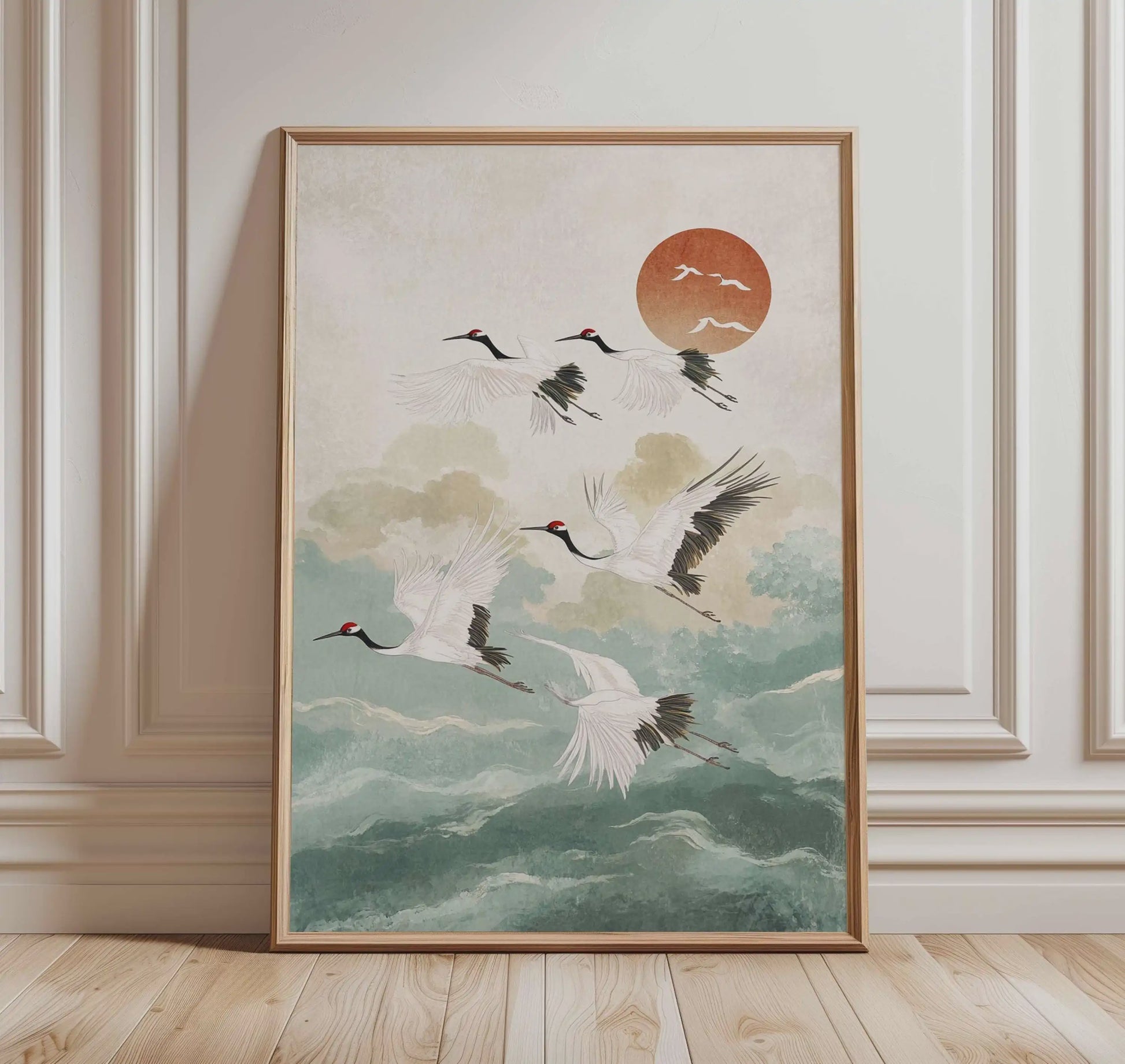 Japanse Kraanvogel Poster - Vintage Ukiyo-e Muurkunst met Rode Zon en Pijnboom