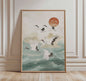 Japanse Kraanvogel Poster - Vintage Ukiyo-e Muurkunst met Rode Zon en Pijnboom