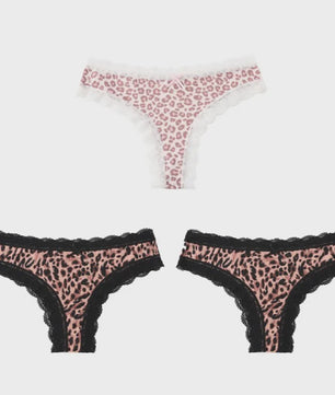 3-Pack Dames Slipjes met Kantrand - Low-Waist Thong & G-String in Luipaardprint en Effen Kleuren