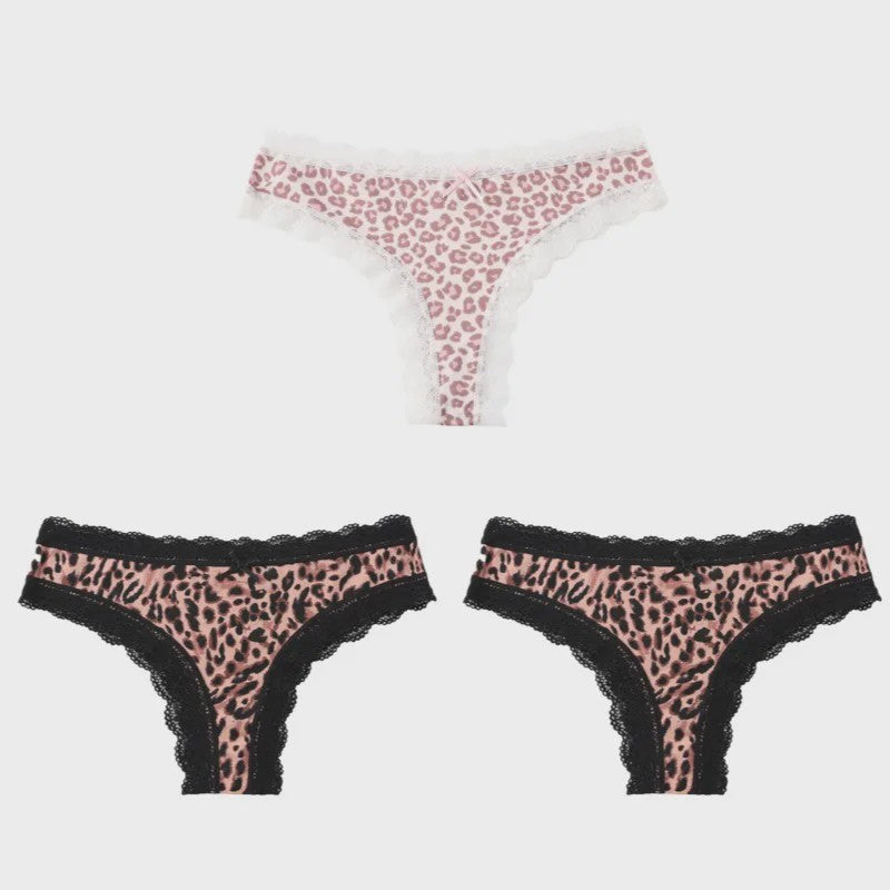 3-Pack Dames Slipjes met Kantrand - Low-Waist Thong & G-String in Luipaardprint en Effen Kleuren
