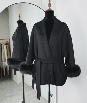 Luxe Dames Woljas met Bontkraag en Riem - Kort & Elegant