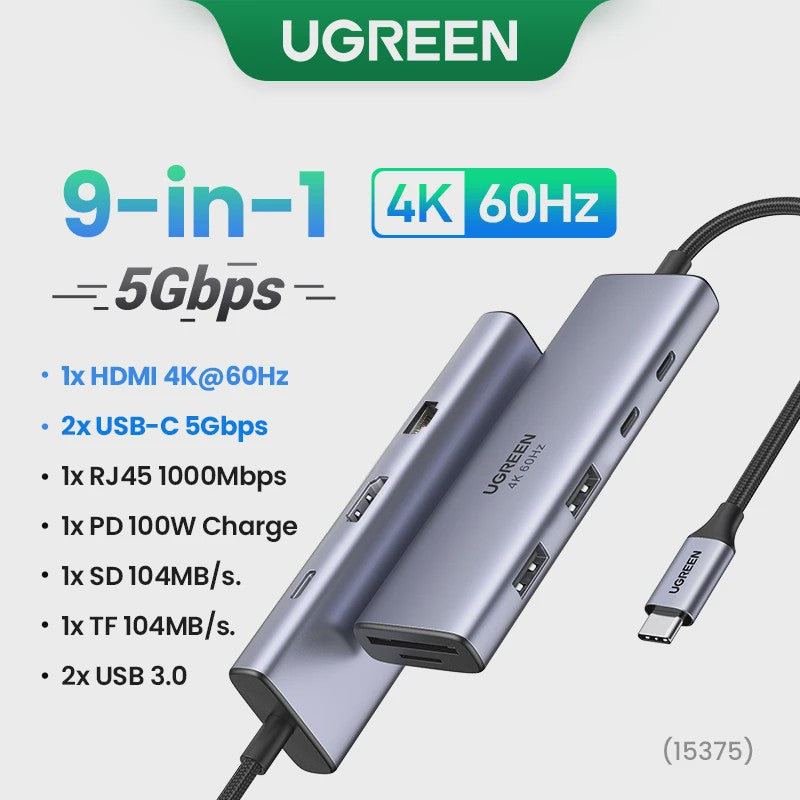 UGREEN 10-in-1 USB-C Hub: 8K/4K Dual HDMI, RJ45, USB 3.0, PD 100W - Docking Station voor MacBook & Laptop