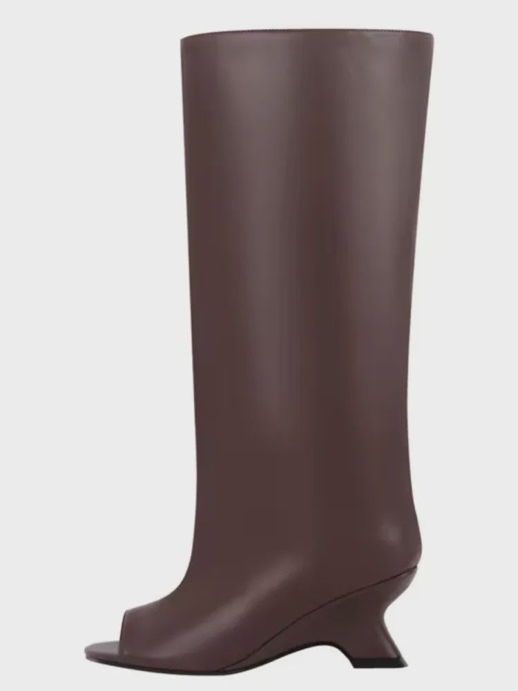 Dames Laarzen met Peep-toe, Hoge Schuine Hak en Kniehoge Schacht - Zomer/Lente Collectie