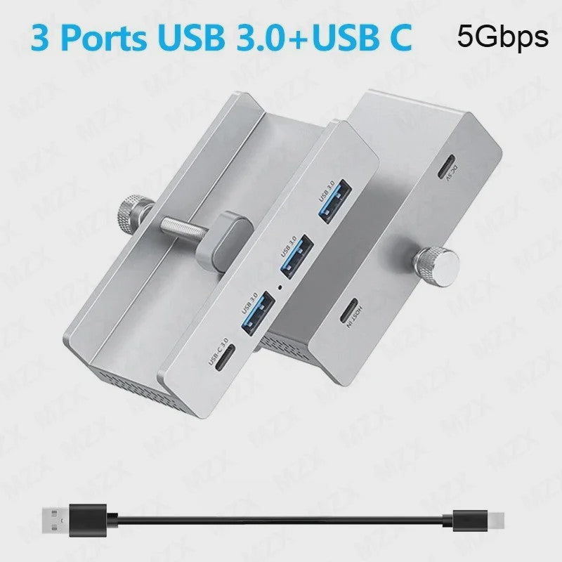 Aluminium USB 3.0/3.2 Hub met Clip: 5Gbps/10Gbps Docking Station voor Monitor & Bureau