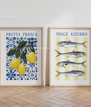 Retro Blauwe Sardine Canvas Poster - Mediterrane Stijl Wanddecoratie