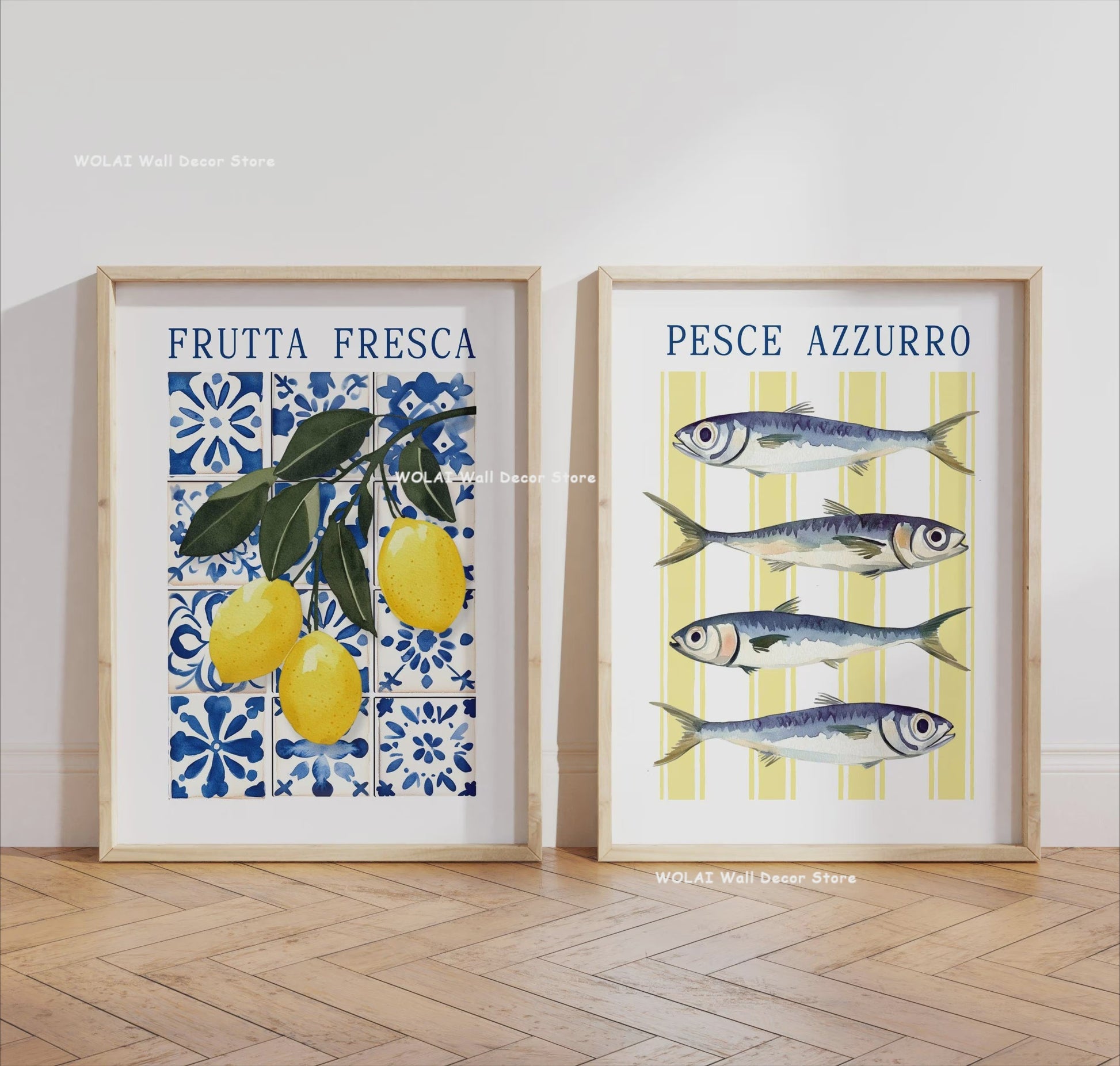 Retro Blauwe Sardine Canvas Poster - Mediterrane Stijl Wanddecoratie