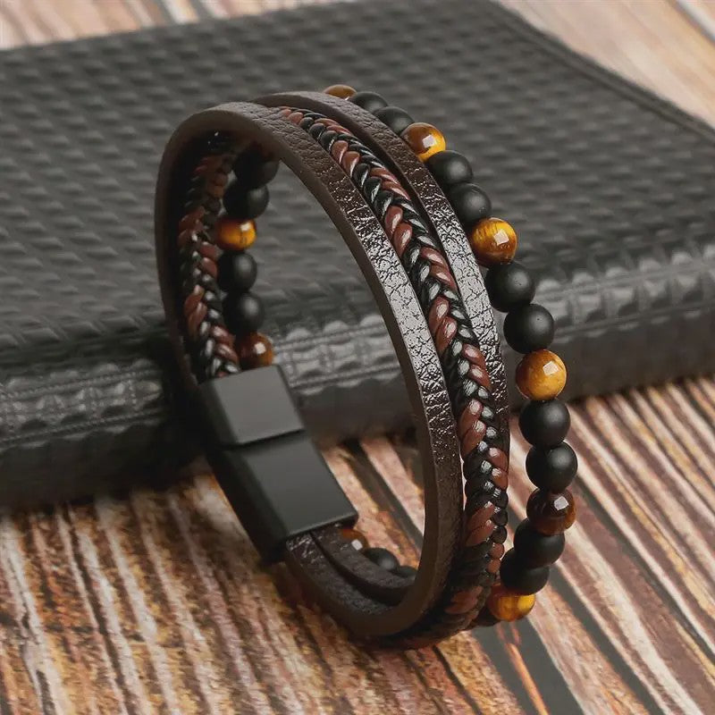 Stijlvolle Heren Armband van Gevlochten Leer - Multi-layer Fashion Accessoire
