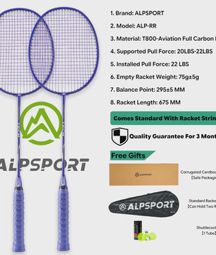 ALPSPORT RR Carbon Fiber Badminton Racket Set (2 stuks) - Offensief, 26LBS, Inclusief Tas & Shuttlecock - Ideaal voor Tieners
