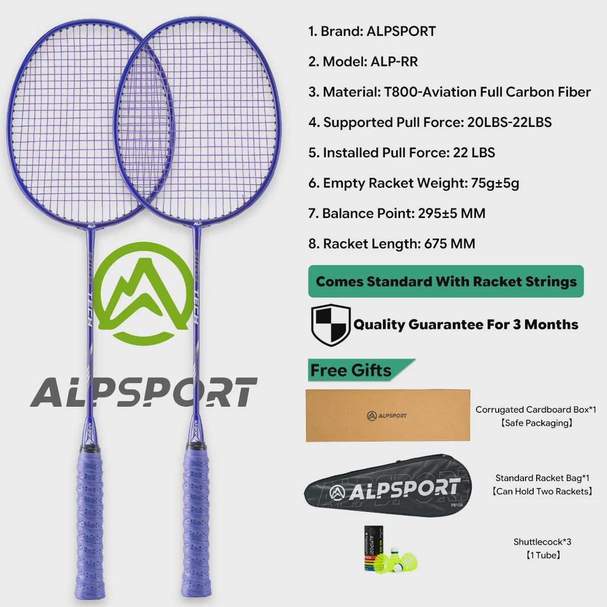 ALPSPORT RR Carbon Fiber Badminton Racket Set (2 stuks) - Offensief, 26LBS, Inclusief Tas & Shuttlecock - Ideaal voor Tieners
