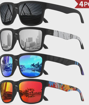 4-delige Set Vierkante Sportzonnebrillen met Designer Tempelpatroon - UV400 Bescherming