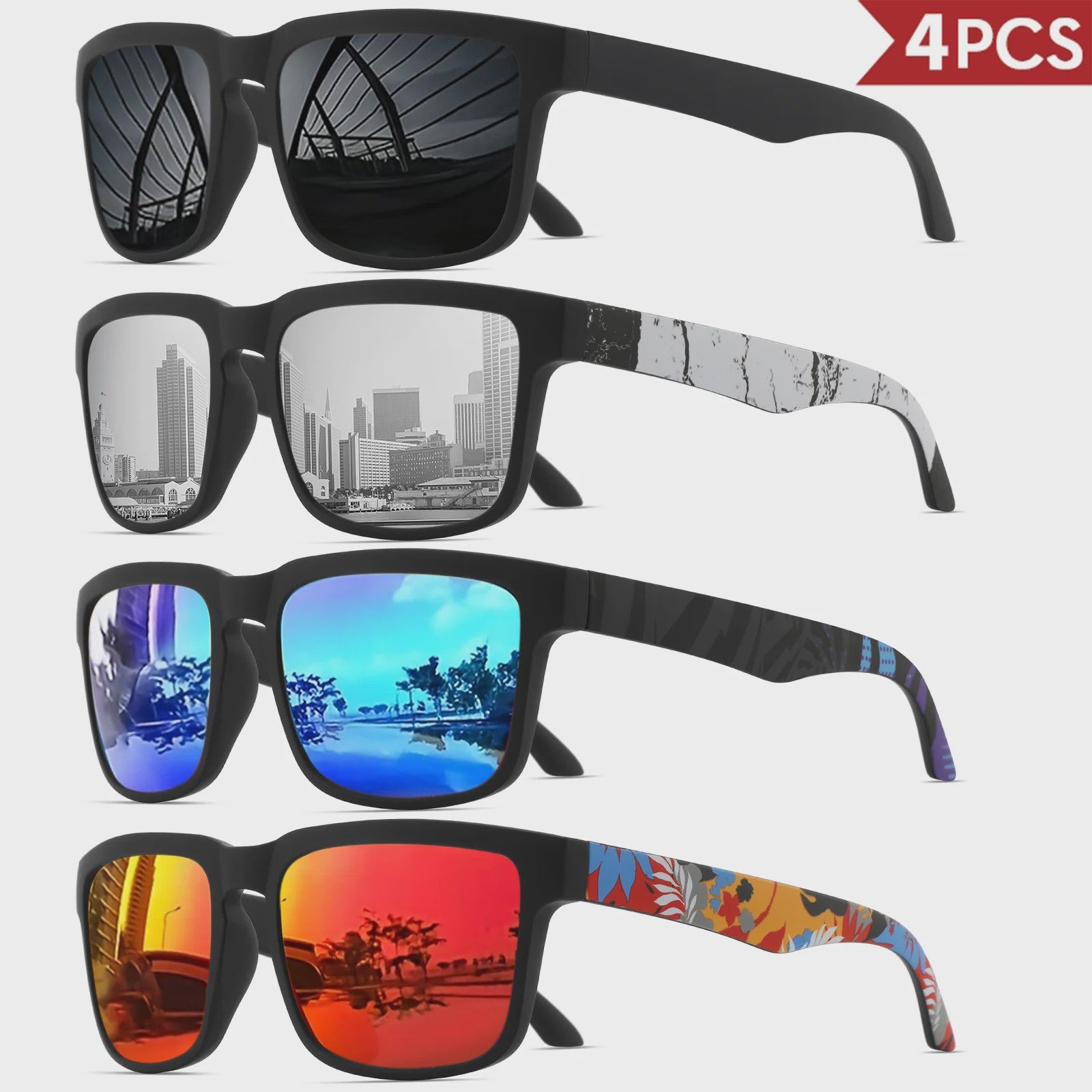 4-delige Set Vierkante Sportzonnebrillen met Designer Tempelpatroon - UV400 Bescherming