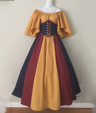 Middeleeuwse Retro Jurk met Contrastkleuren en Off-Shoulder Halslijn