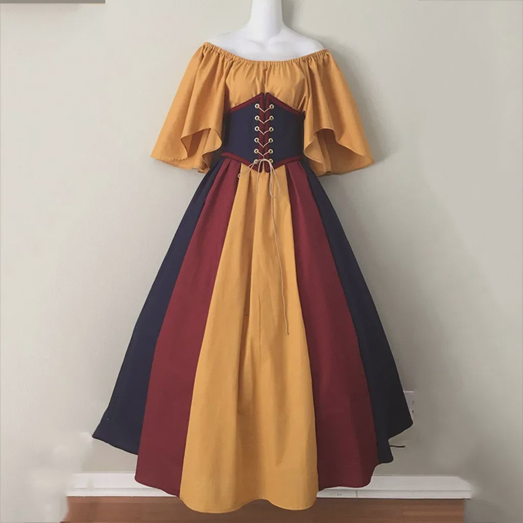 Middeleeuwse Retro Jurk met Contrastkleuren en Off-Shoulder Halslijn