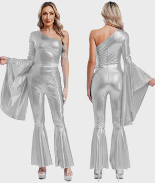 Dames Jumpsuit 70s Disco Metallic Met Wijde Pijpen en Flare Mouwen