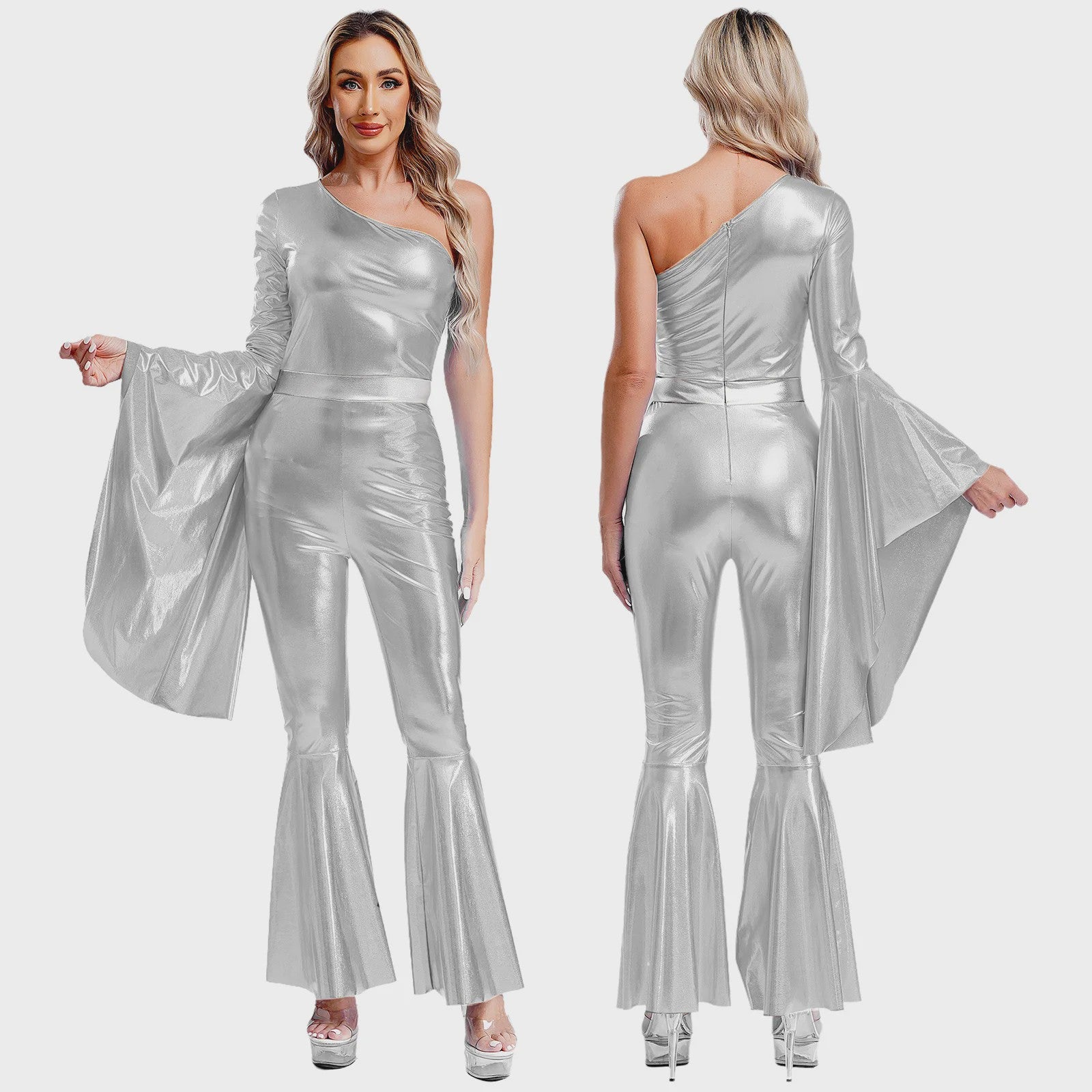 Dames Jumpsuit 70s Disco Metallic Met Wijde Pijpen en Flare Mouwen