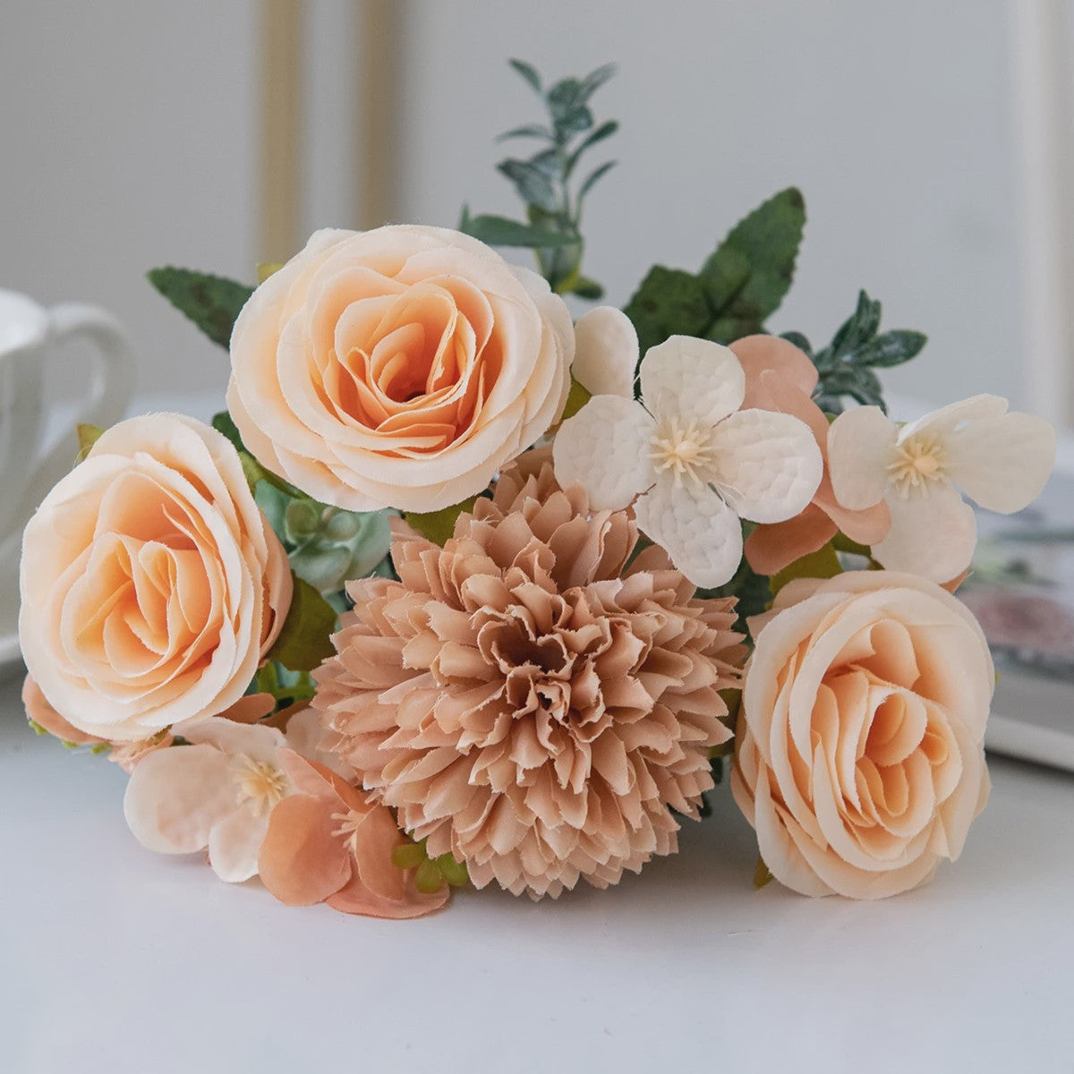 Retro Zijden Bloemenboeket: Vintage Rozen, Hortensia & Pioen voor Bruid & Decoratie