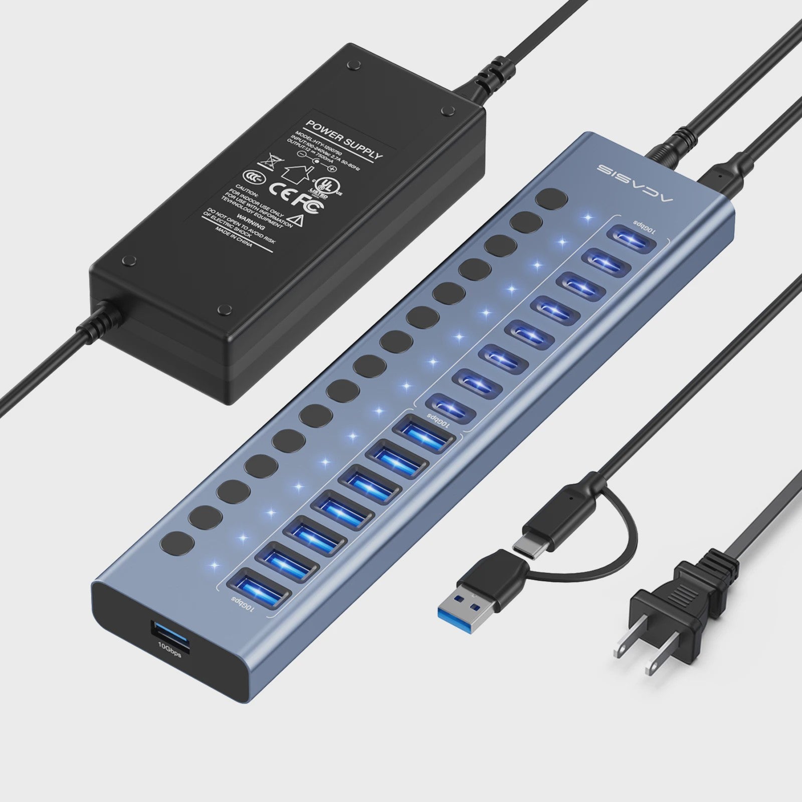 Acasis 16-Poorts USB Hub 10Gbps met Individuele Schakelaars & Snelle Data Transfer