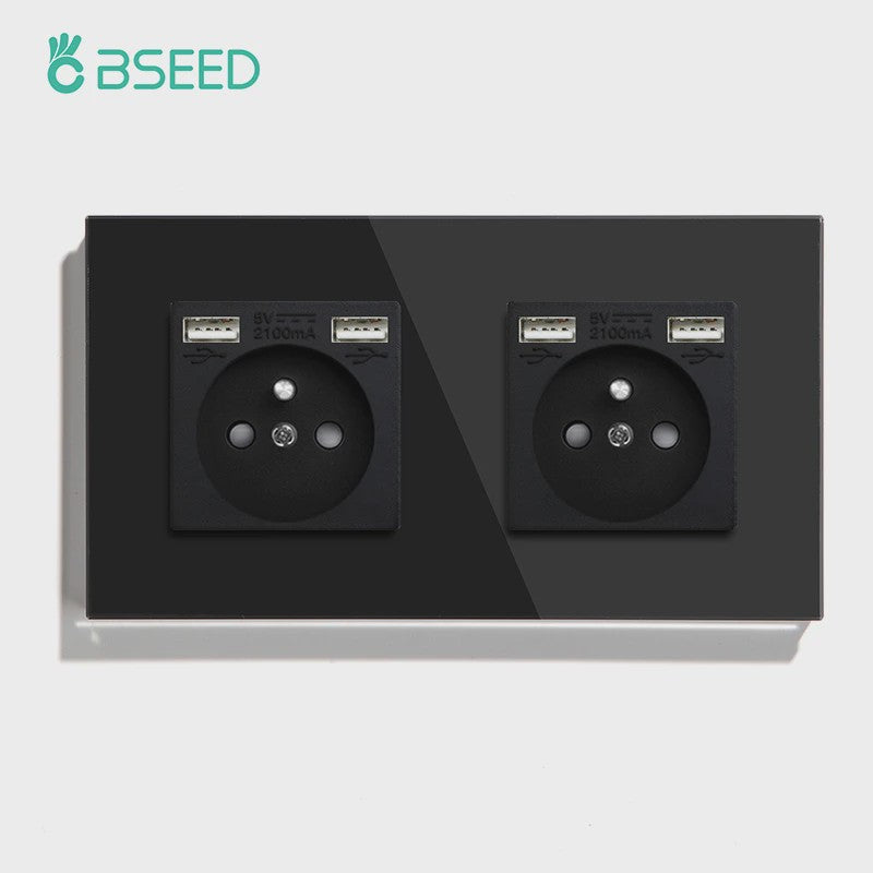 BSEED Wandcontactdoos met Dubbele USB & Type-C Poorten - Stijlvol Glazen Frame