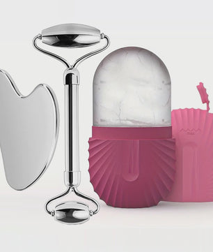 Gezichtsroller & Gua Sha Set: Luxe Roestvrij Staal & IJsroller voor Huidverzorging