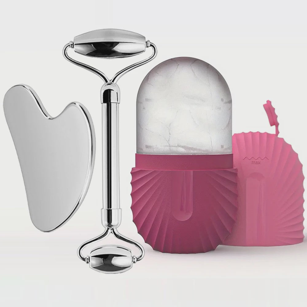 Gezichtsroller & Gua Sha Set: Luxe Roestvrij Staal & IJsroller voor Huidverzorging
