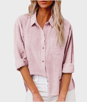 Dames Blouse met Lange Mouwen - Katoen Linnen Look