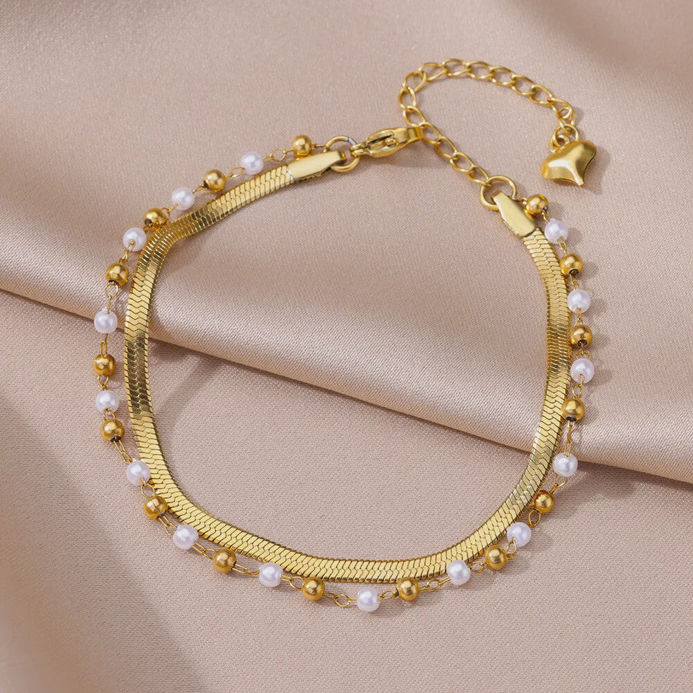 Gouden Anklet met Kralen en Bedels - Roestvrij Staal - Zomerse Strandjuwelen