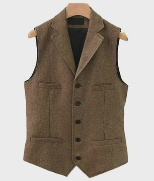 Herentrui Gilet Wol Tweed Visgraat Bruin - Klassiek Gilet voor Bruiloft & Feest