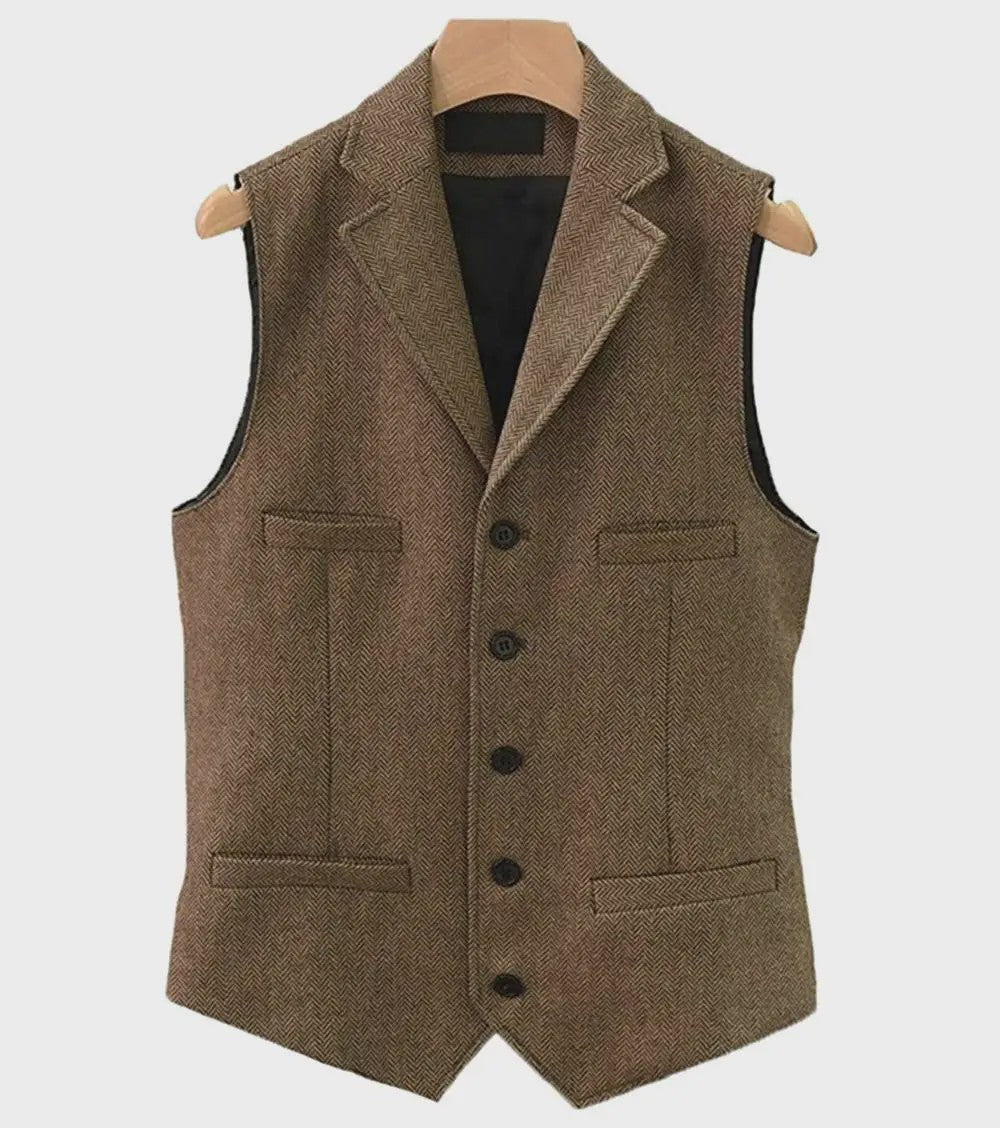 Herentrui Gilet Wol Tweed Visgraat Bruin - Klassiek Gilet voor Bruiloft & Feest