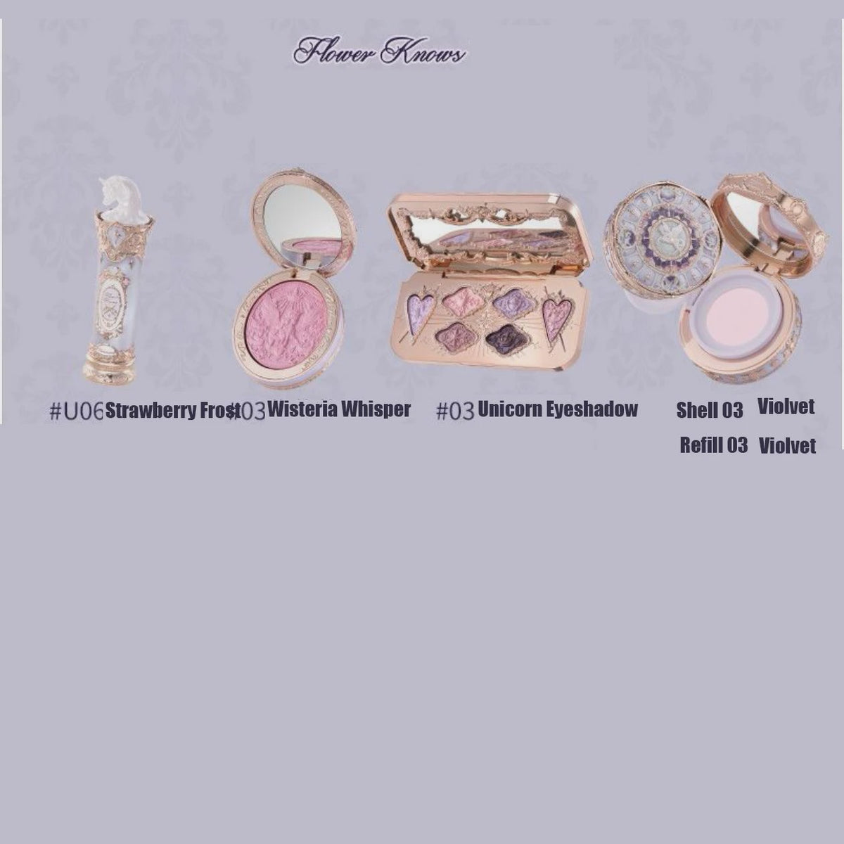 Flower Knows Strawberry Rococo Series Makeup Set Glitter Matte Eyeshadow Palette Blusher Power Velvet Lipstick Kit Perfume Set