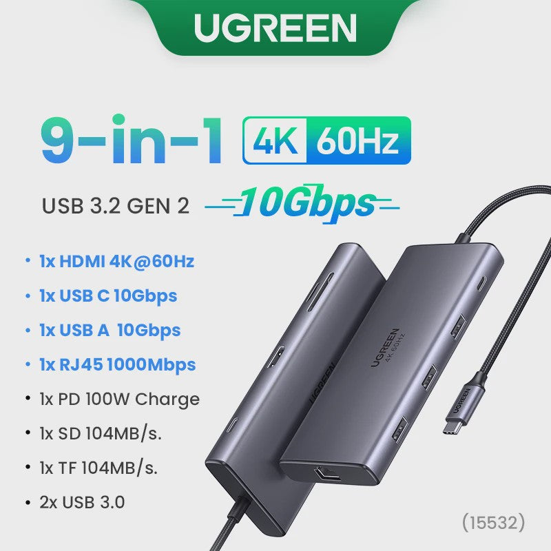 UGREEN 10-in-1 USB-C Hub: 8K/4K Dual HDMI, RJ45, USB 3.0, PD 100W - Docking Station voor MacBook & Laptop