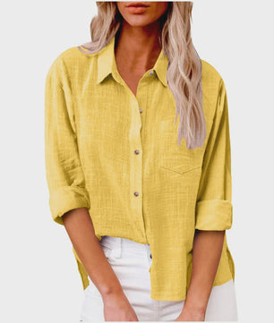 Dames Blouse met Lange Mouwen - Katoen Linnen Look
